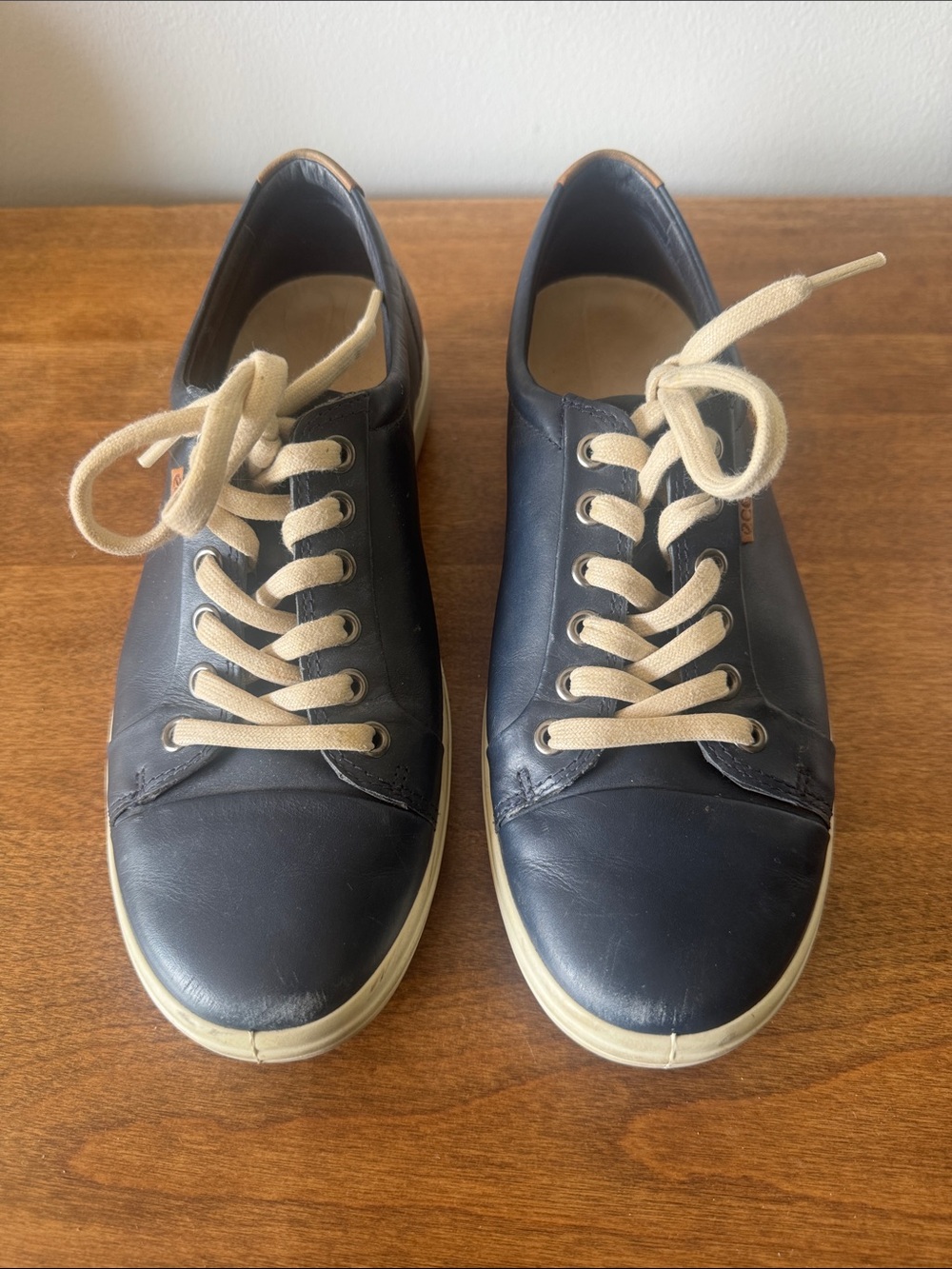 Ecco Navy Leather Sneakers with Cream Laces